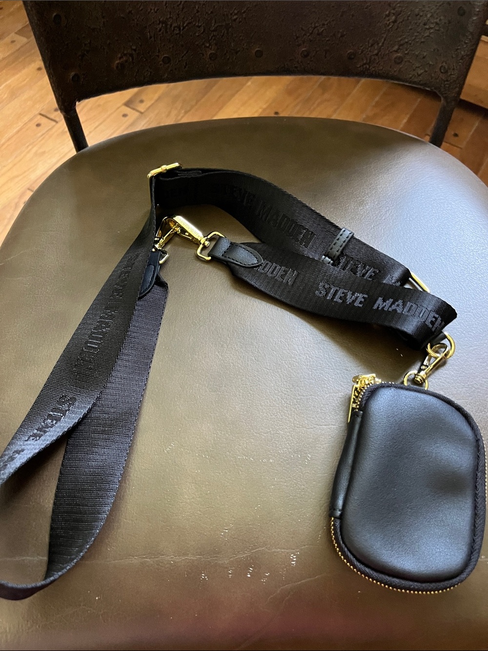 Steve Madden Black Wide Logo Strap with Gold-Trim Pouch